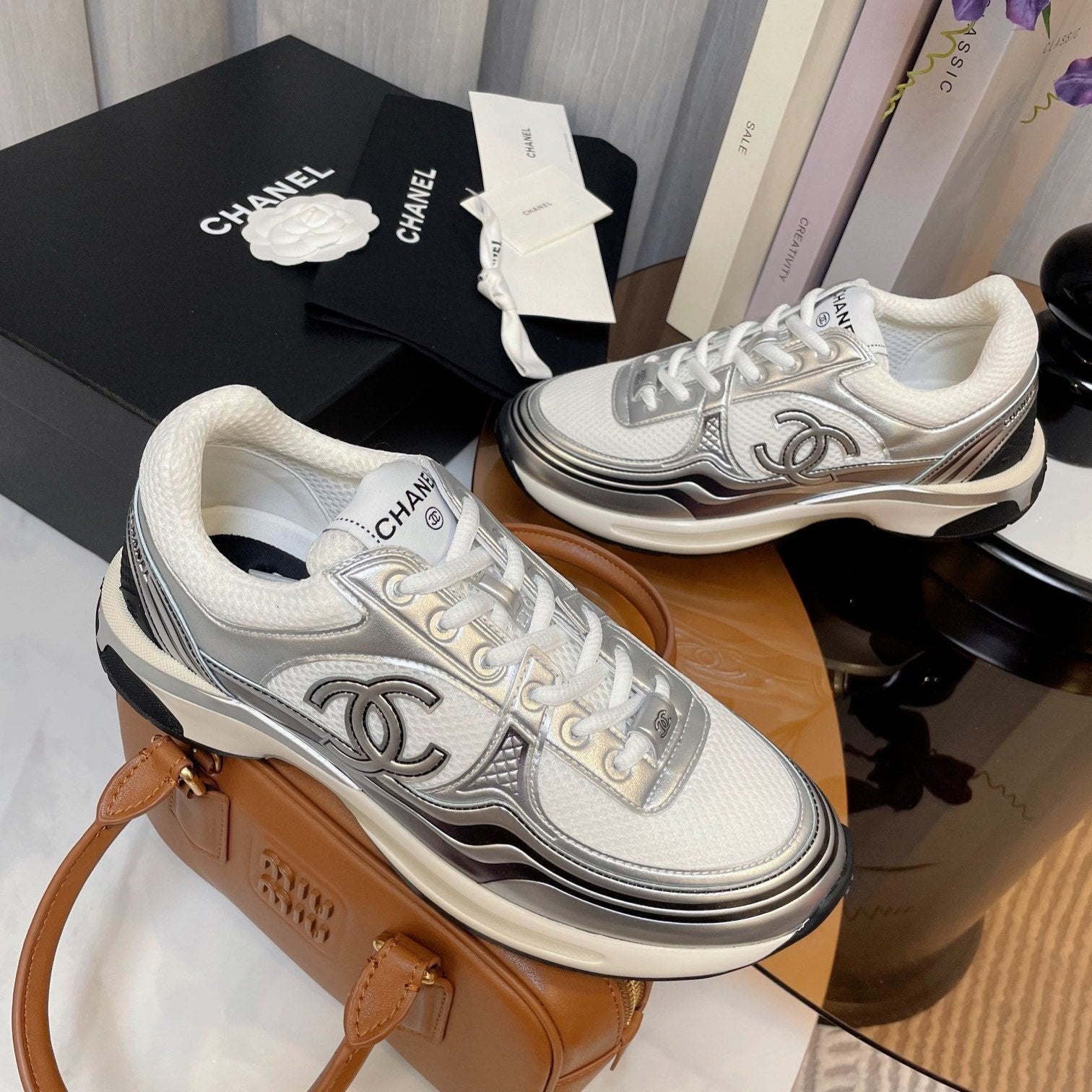 cc classic sneaker white fabric silver metalic calfskin