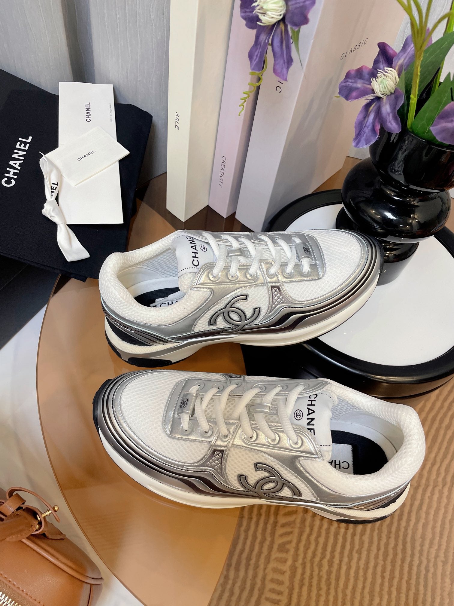 cc classic sneaker white fabric silver metalic calfskin