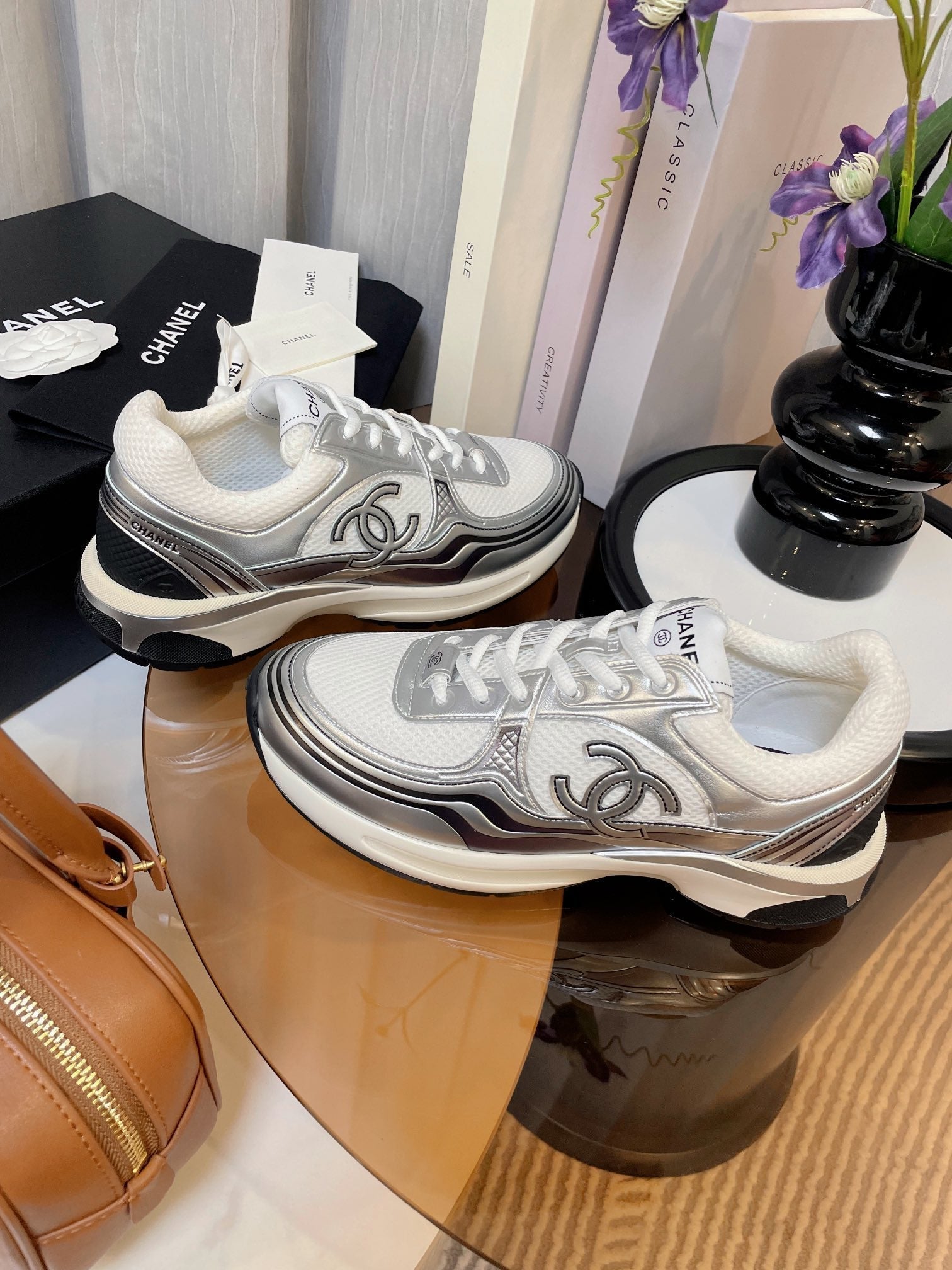 cc classic sneaker white fabric silver metalic calfskin