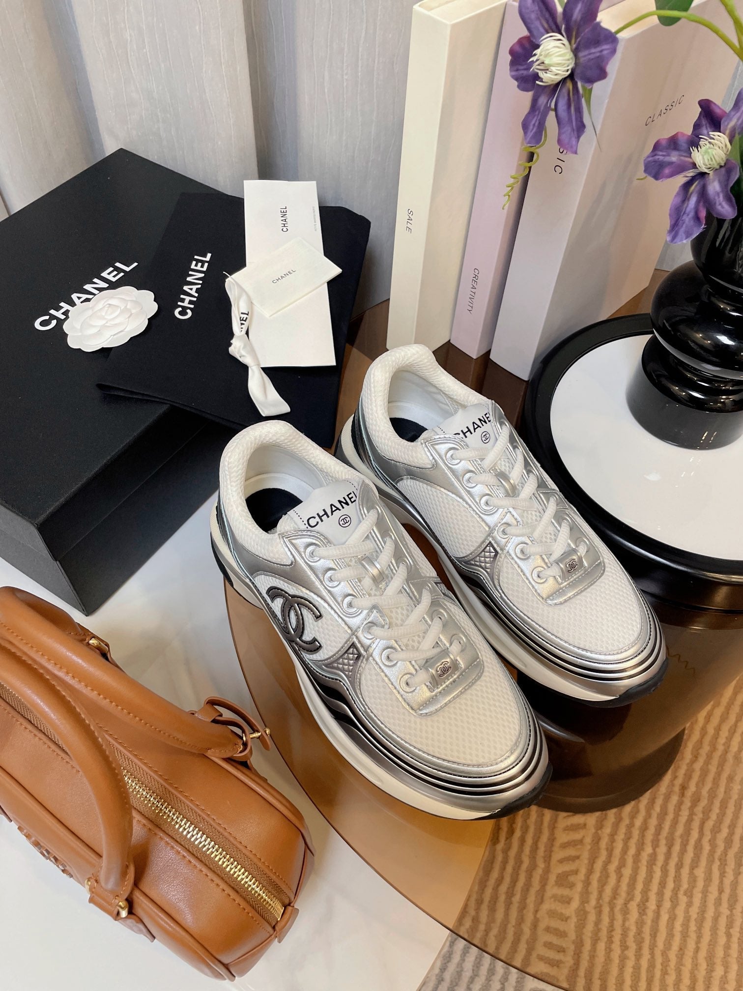 cc classic sneaker white fabric silver metalic calfskin