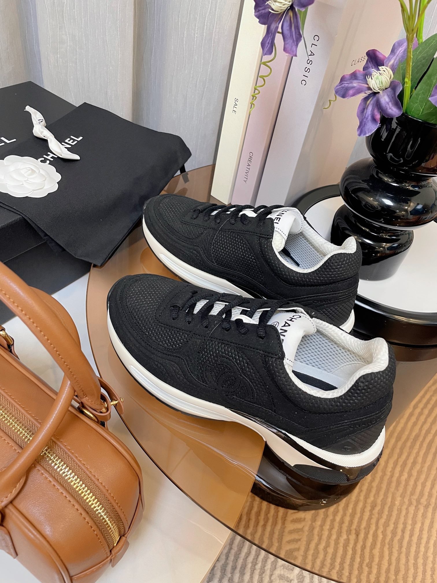 cc classic sneaker black fabric calfskin