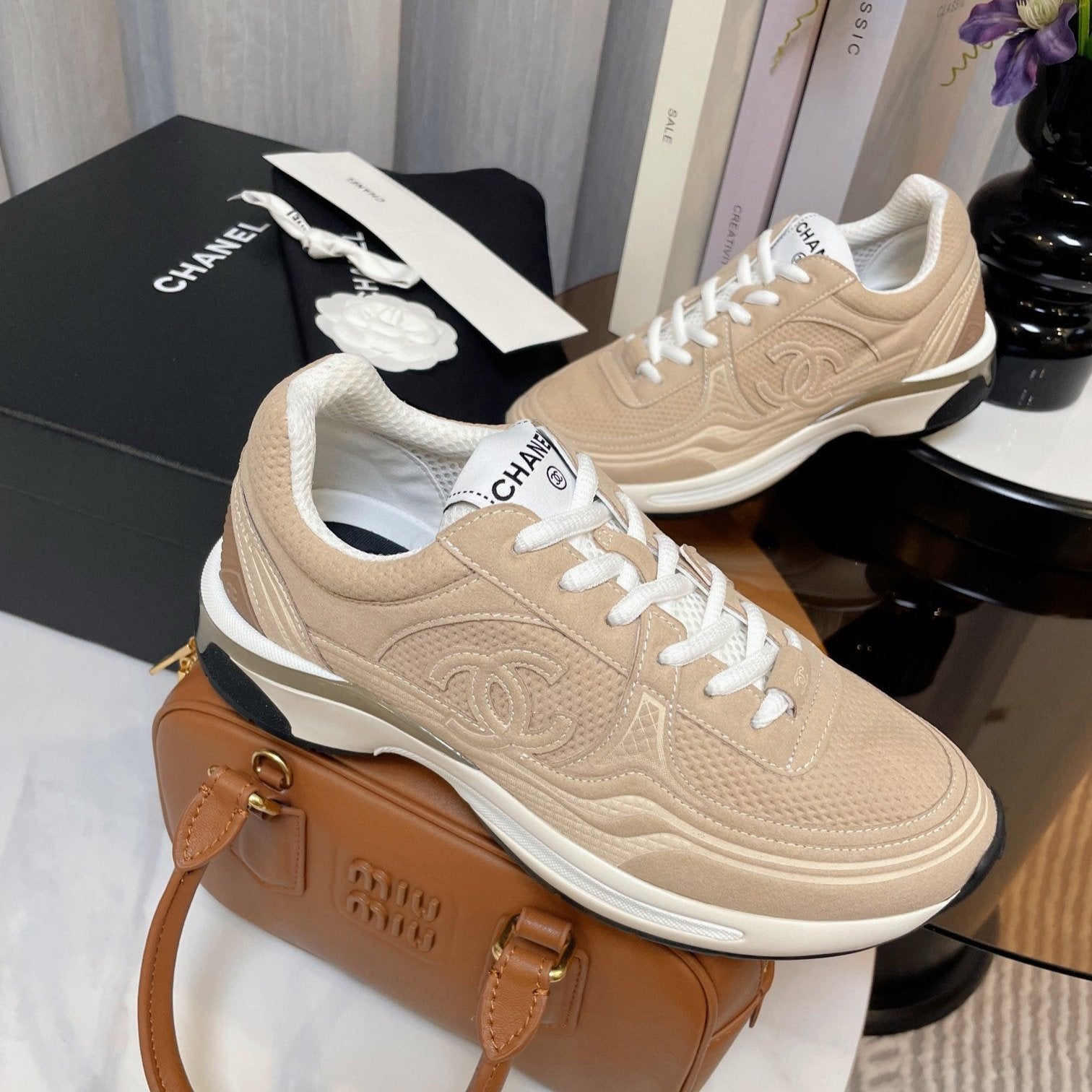cc classic sneaker beige fabric calfskin