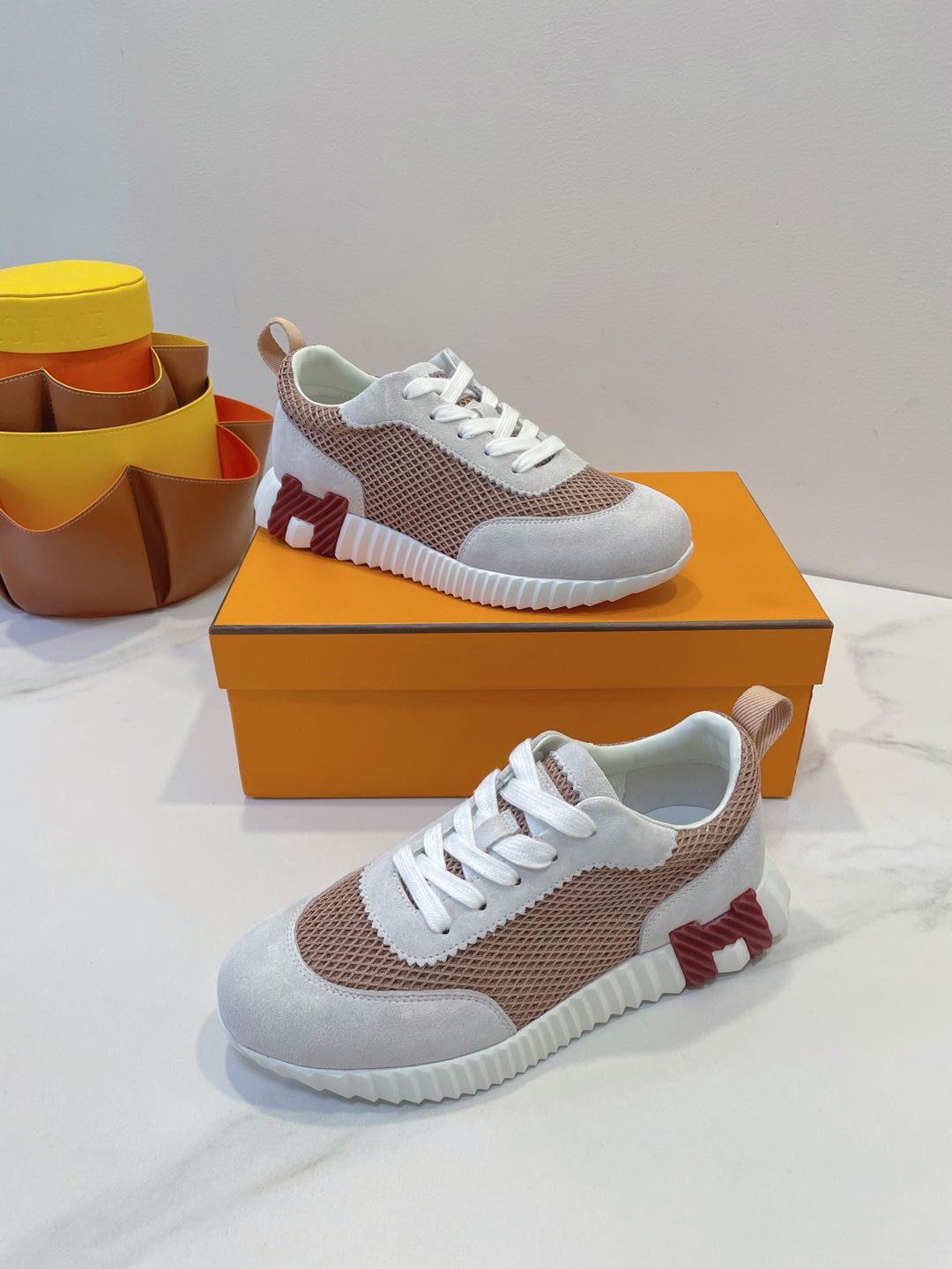 HM  Bouncing sneaker Beige Gray mix Velvet Rose Fabric with Suede 212283