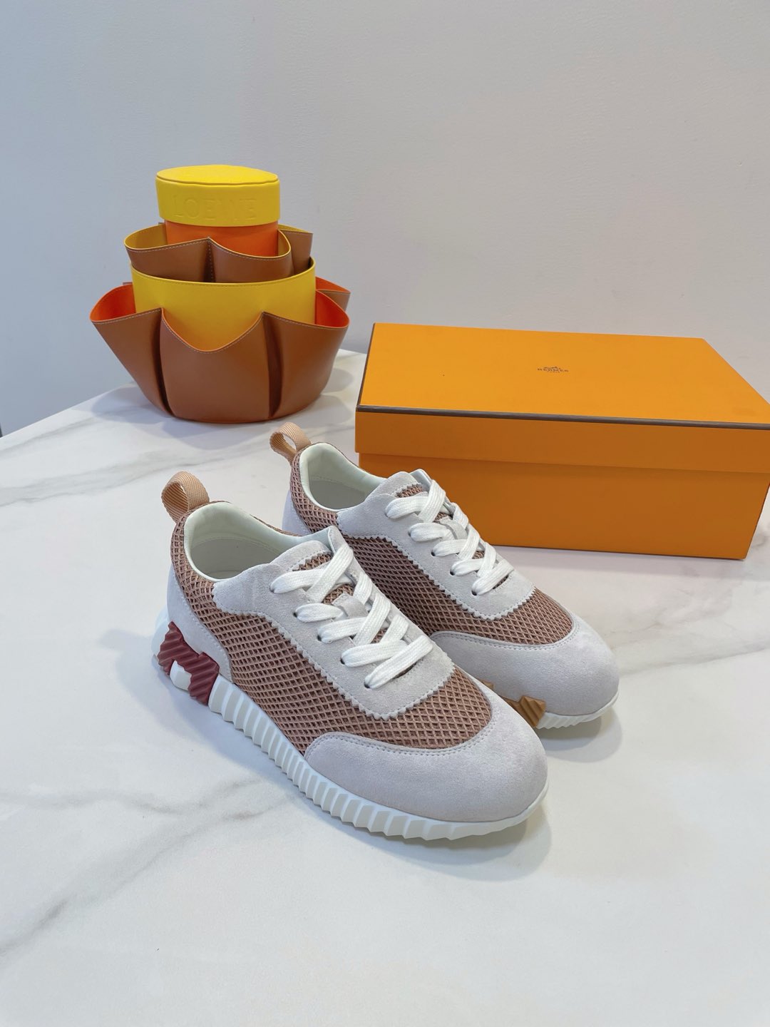 HM  Bouncing sneaker Beige Gray mix Velvet Rose Fabric with Suede 212283