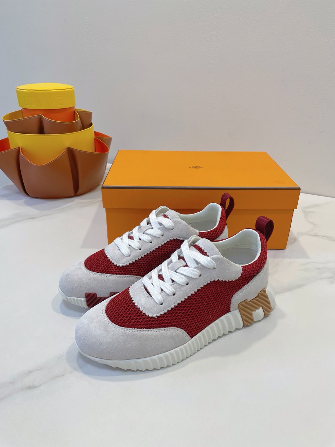 HM  Bouncing sneaker Beige Gray mix Red Fabric with Suede 212285