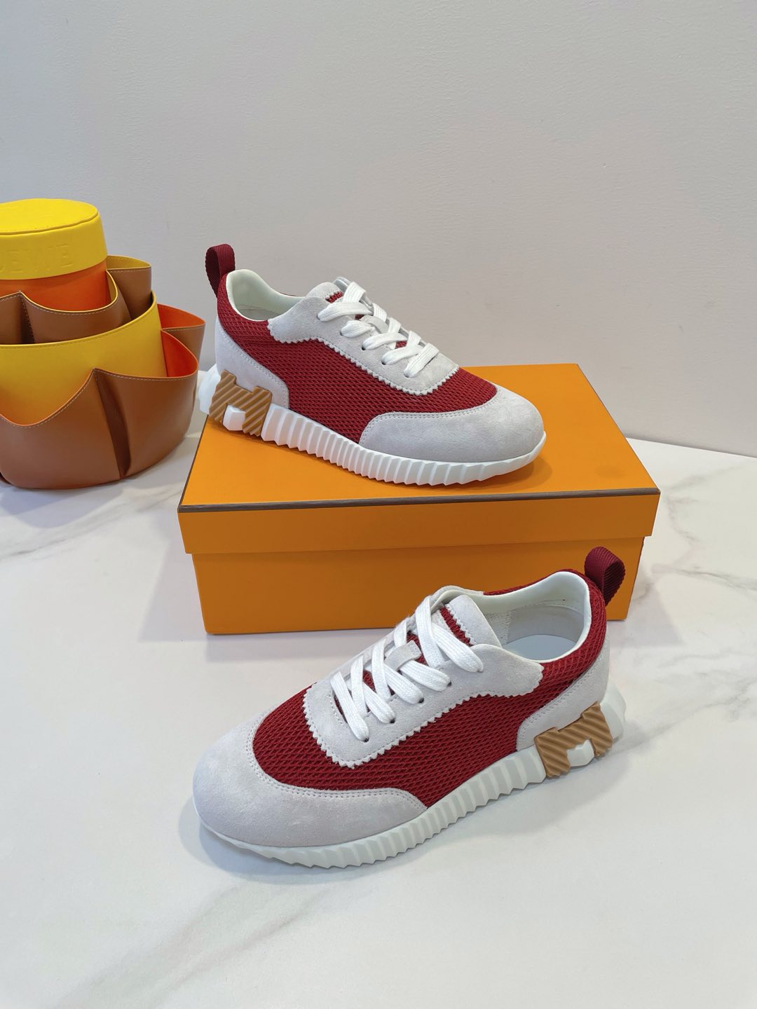 HM  Bouncing sneaker Beige Gray mix Red Fabric with Suede 212285