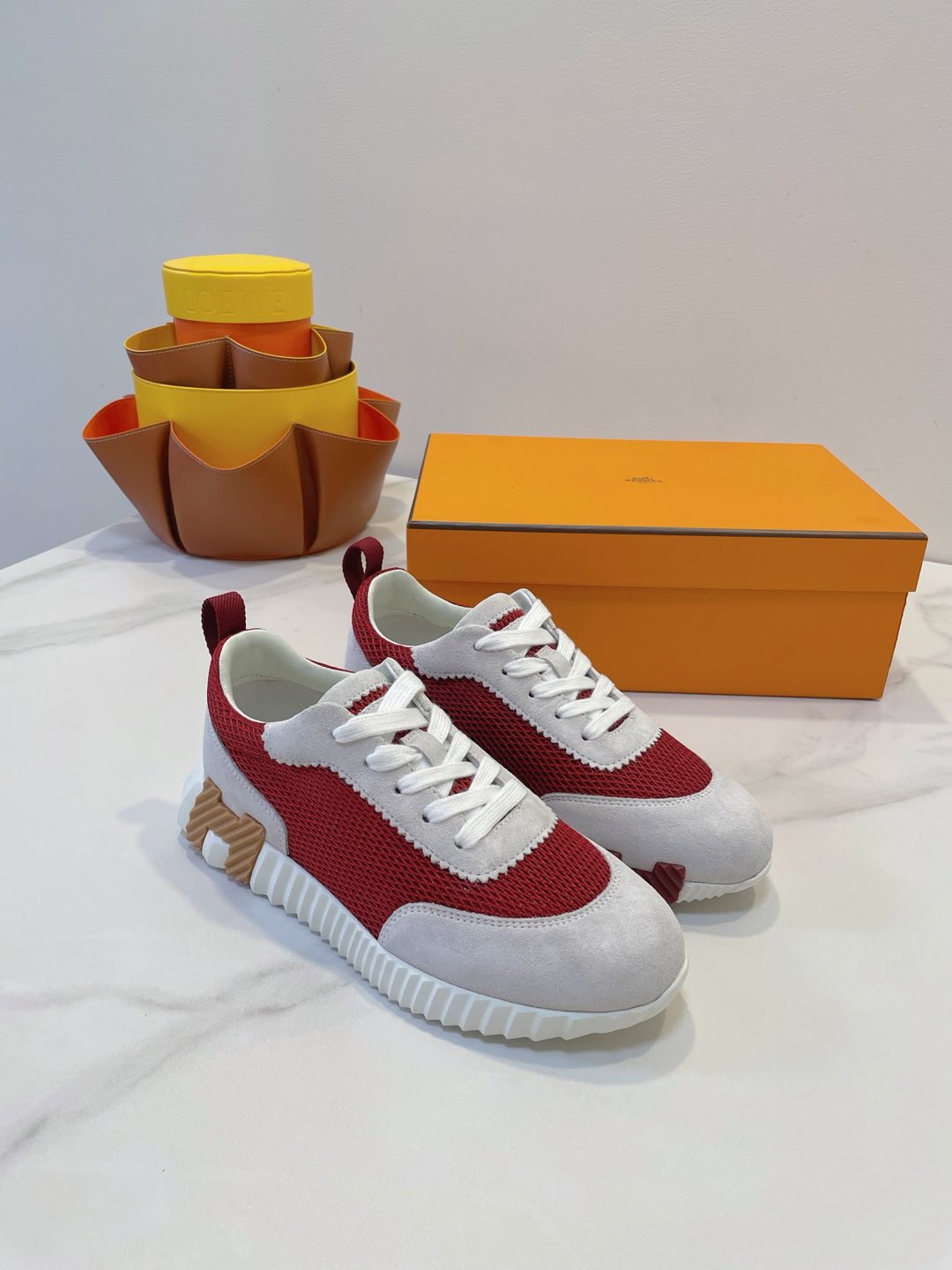 HM  Bouncing sneaker Beige Gray mix Red Fabric with Suede 212285