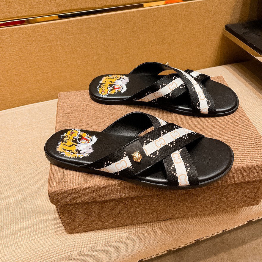 GG Men's Sandals Slide Black Leather 587233