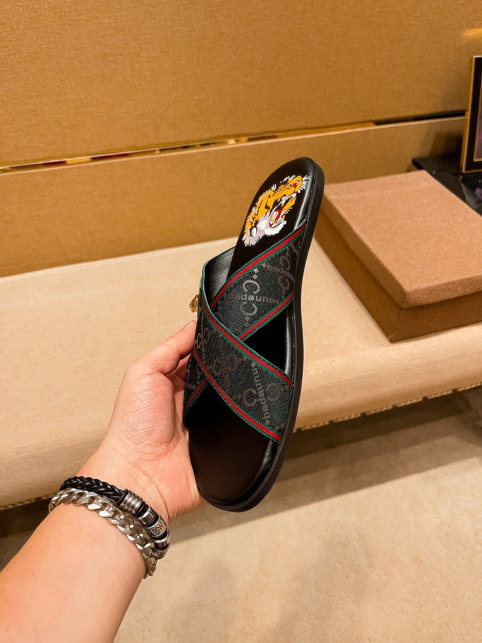 GG Men's Sandals Slide Green Black Leather