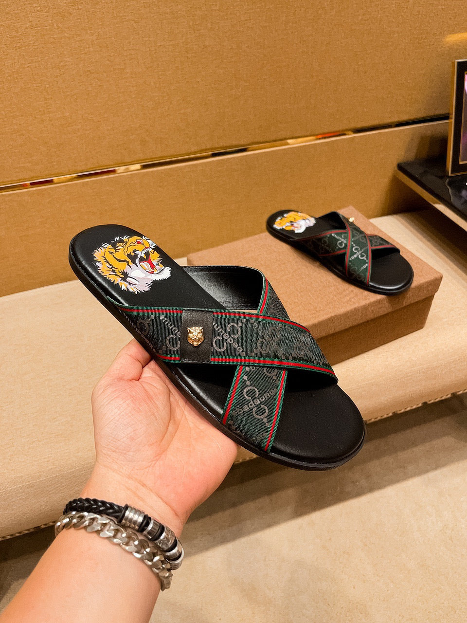 GG Men's Sandals Slide Green Black Leather