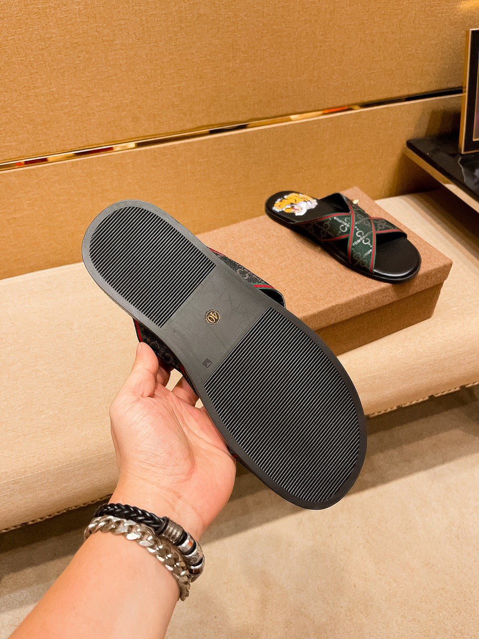 GG Men's Sandals Slide Green Black Leather