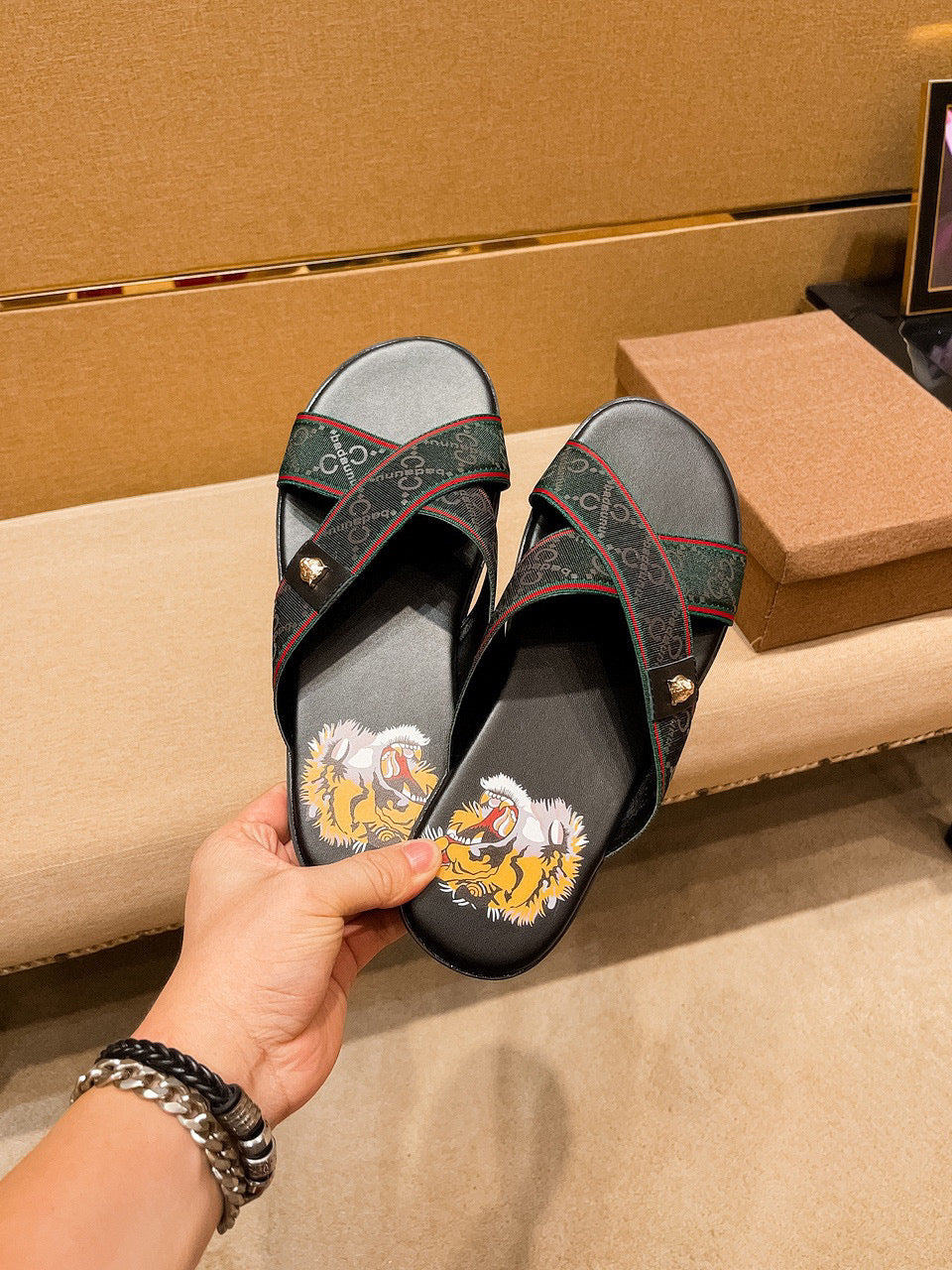 GG Men's Sandals Slide Green Black Leather