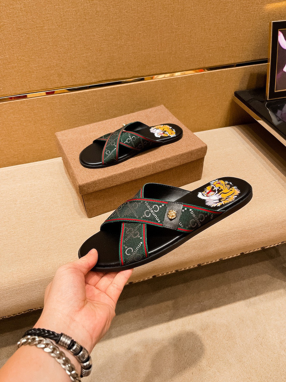 GG Men's Sandals Slide Green Black Leather