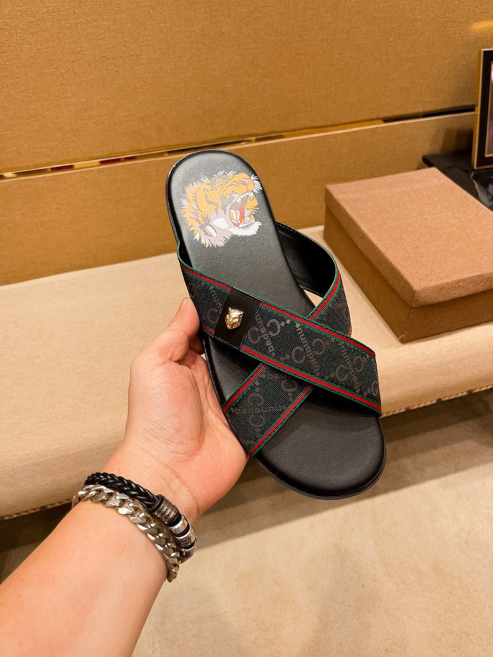 GG Men's Sandals Slide Green Black Leather