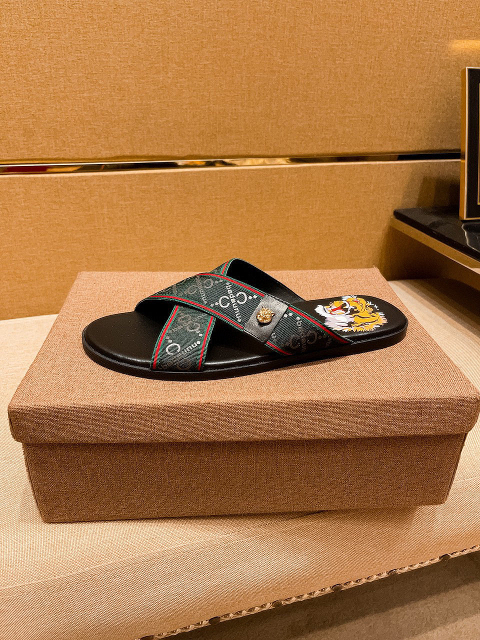 GG Men's Sandals Slide Green Black Leather