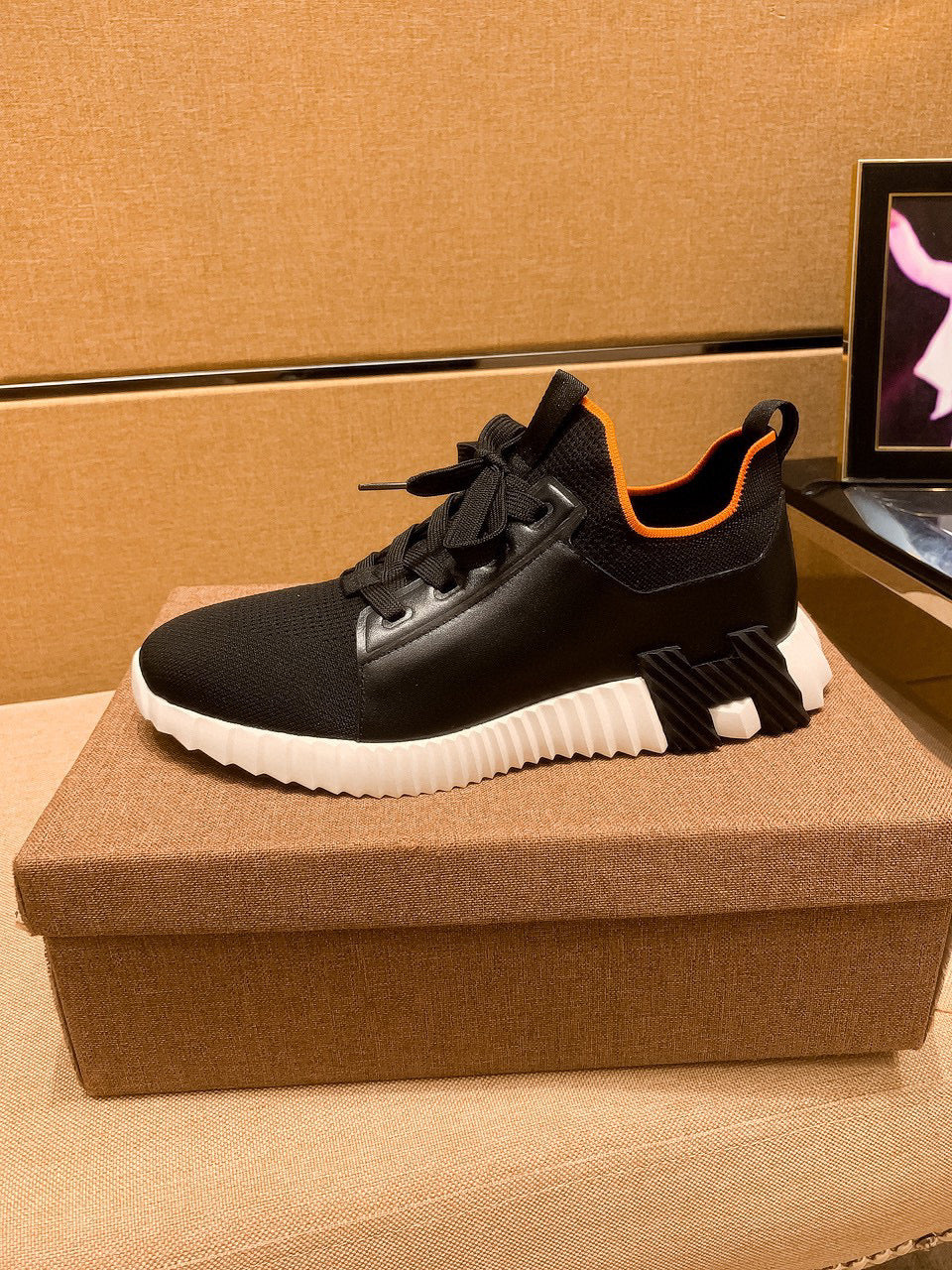 HM Men's Depart Slip-on Sneaker Black Knit Cowhide 709790