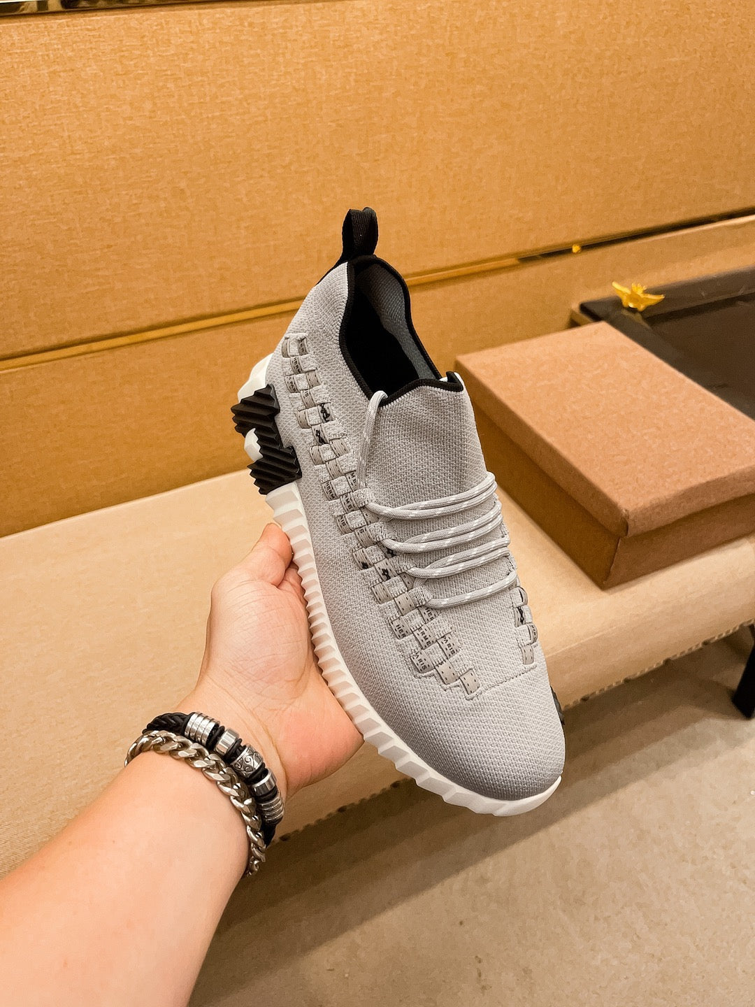 HM Men's Flex Slip-on Sneaker Grey Knit Cowhide 671703