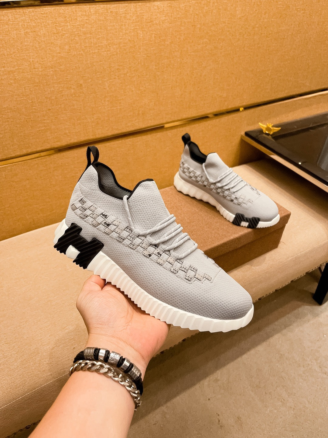 HM Men's Flex Slip-on Sneaker Grey Knit Cowhide 671703