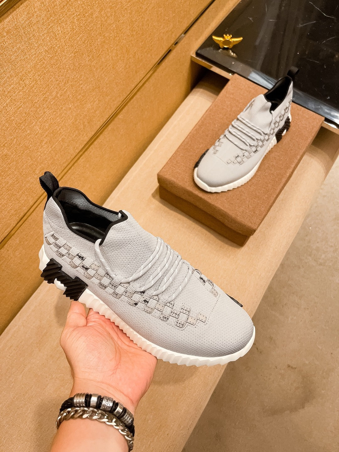 HM Men's Flex Slip-on Sneaker Grey Knit Cowhide 671703