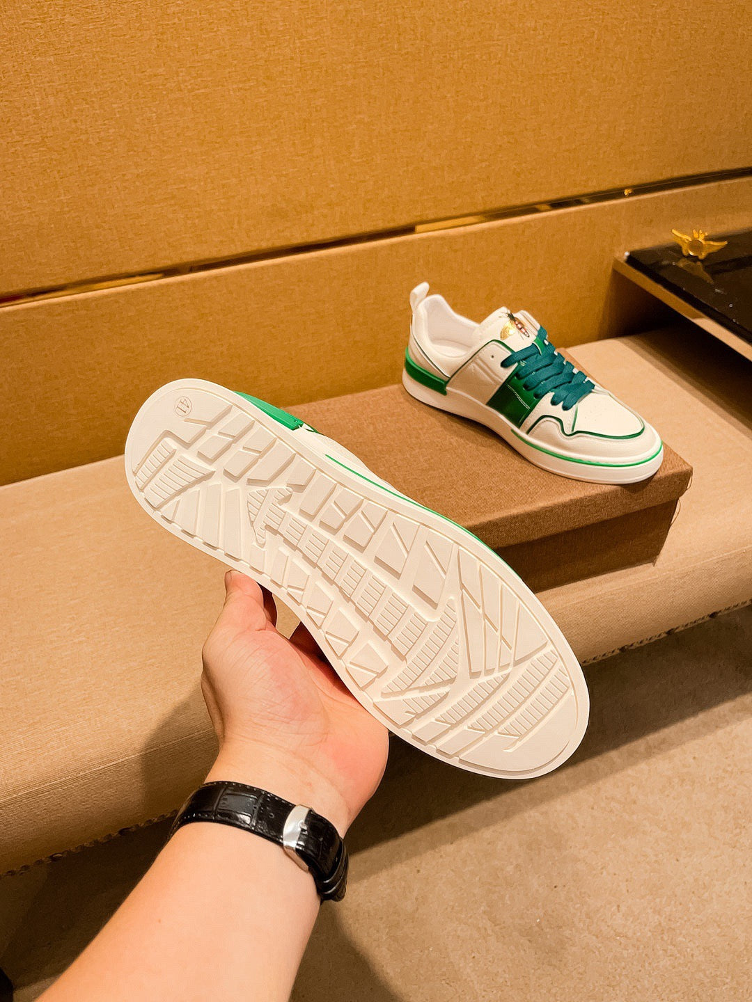 GG Men's Sneaker White Green Cowhide 671709