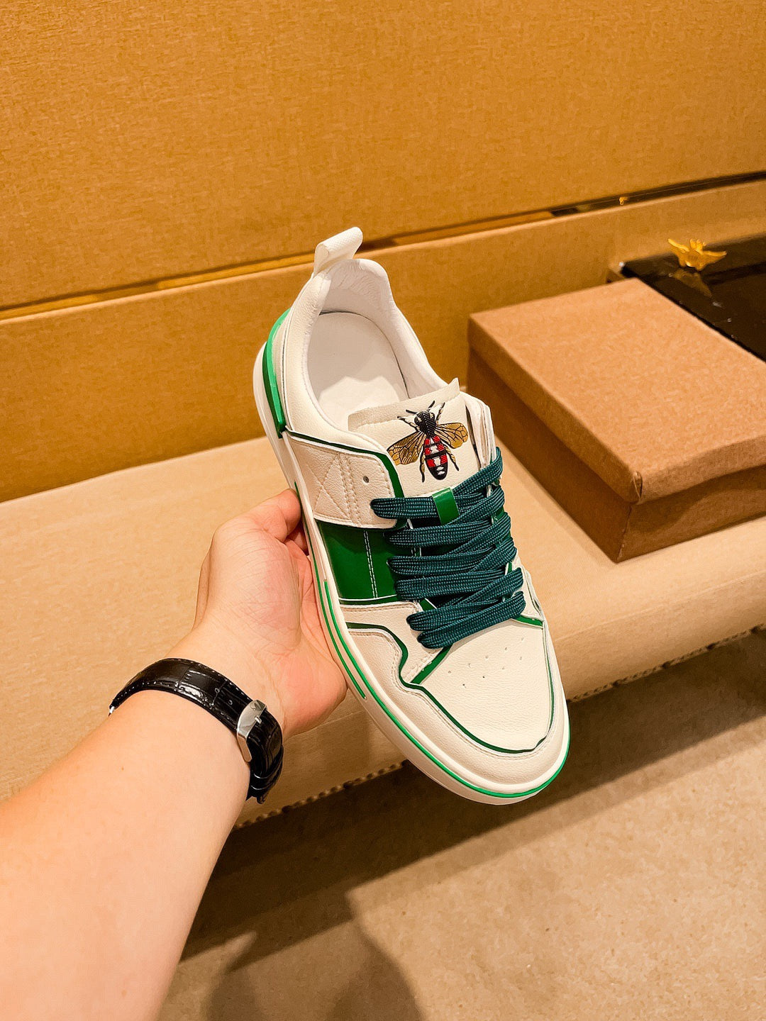 GG Men's Sneaker White Green Cowhide 671709