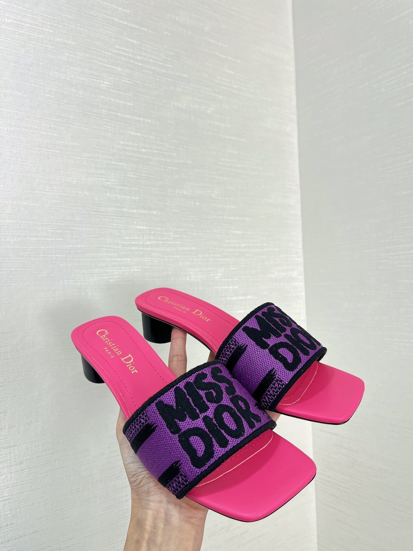 dway heeled slide 35 purple red embroidered cotton