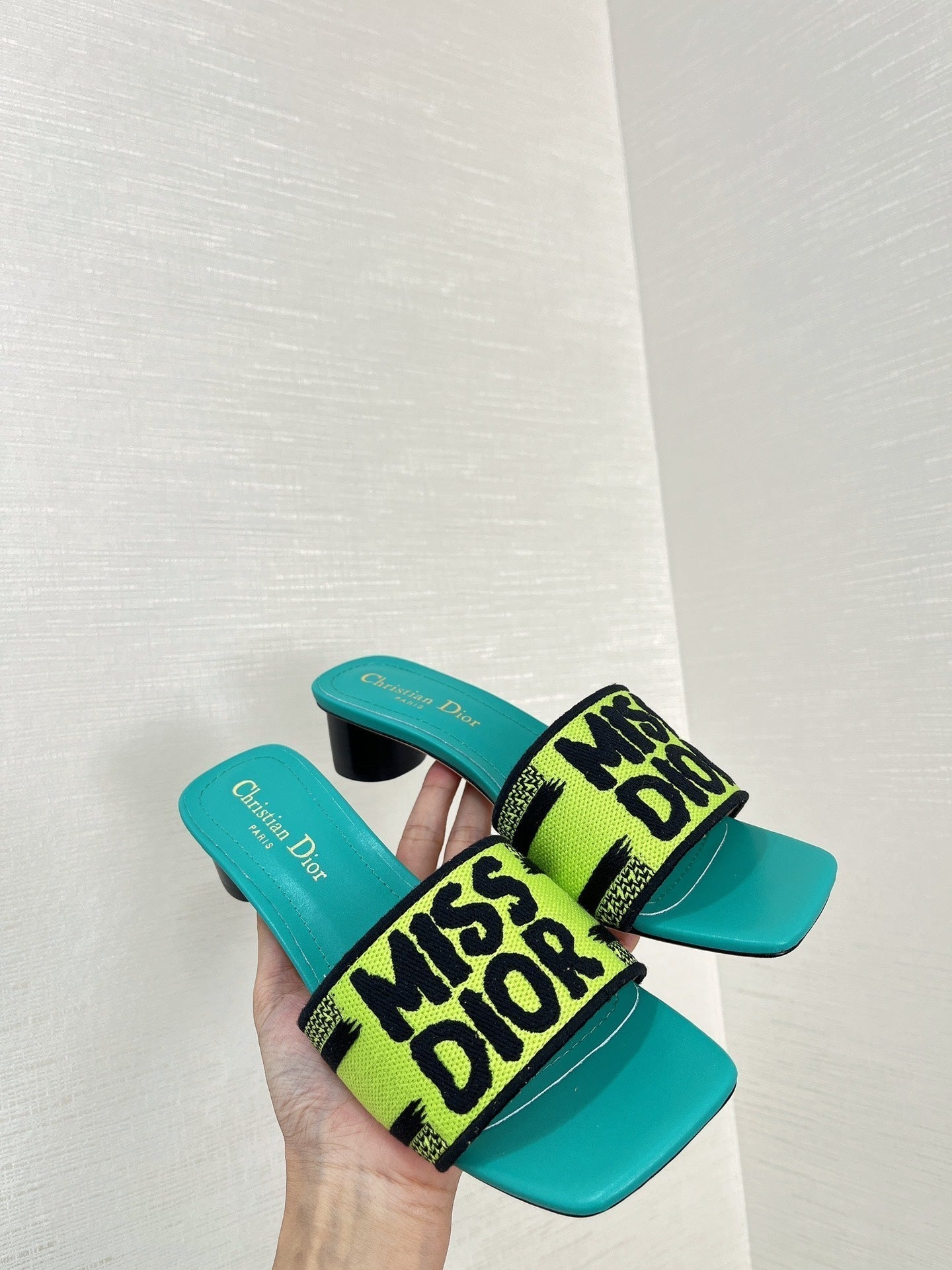 dway heeled slide 35 lime blue embroidered cotton
