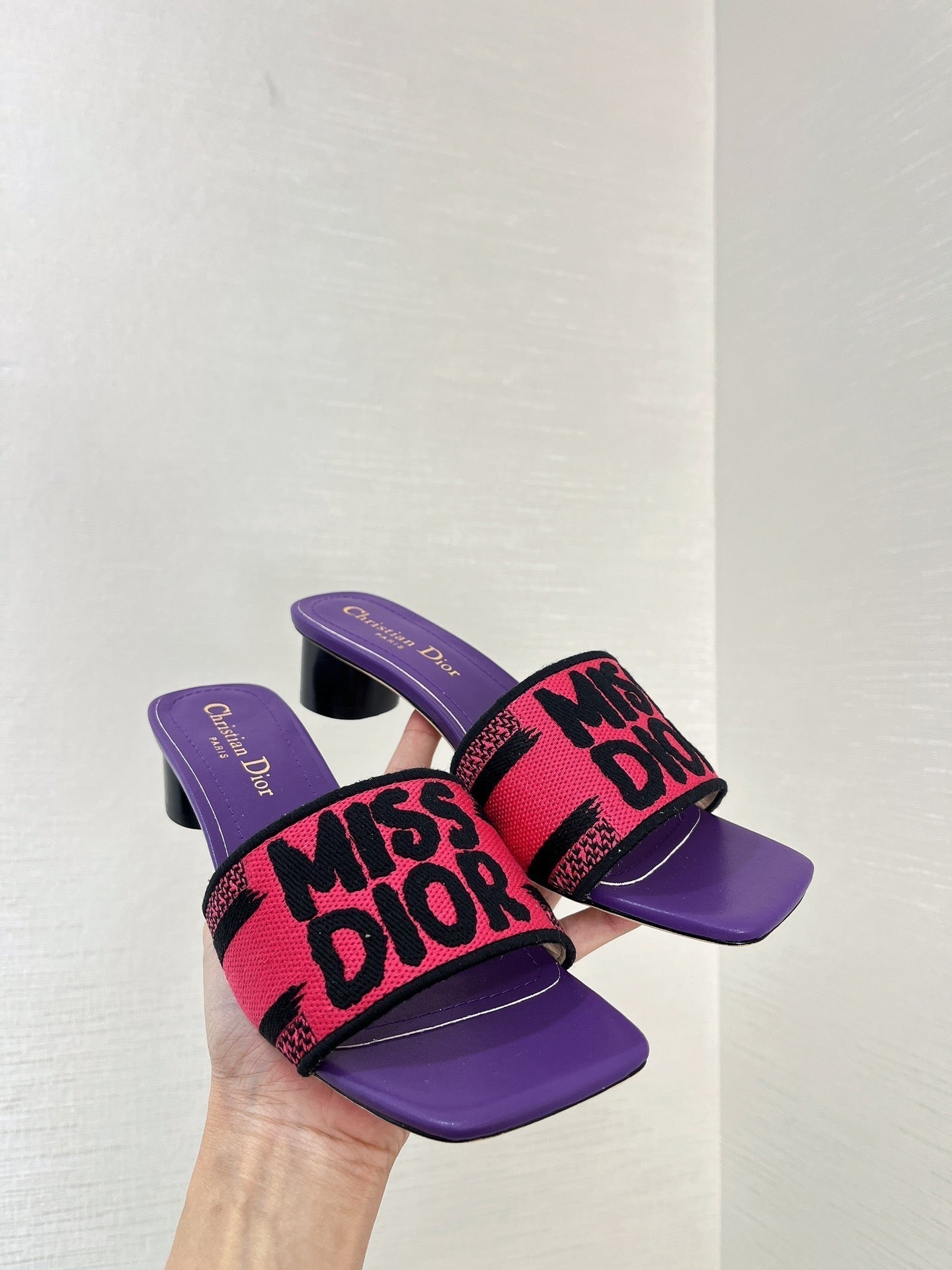 dway heeled slide 35 red purple embroidered cotton