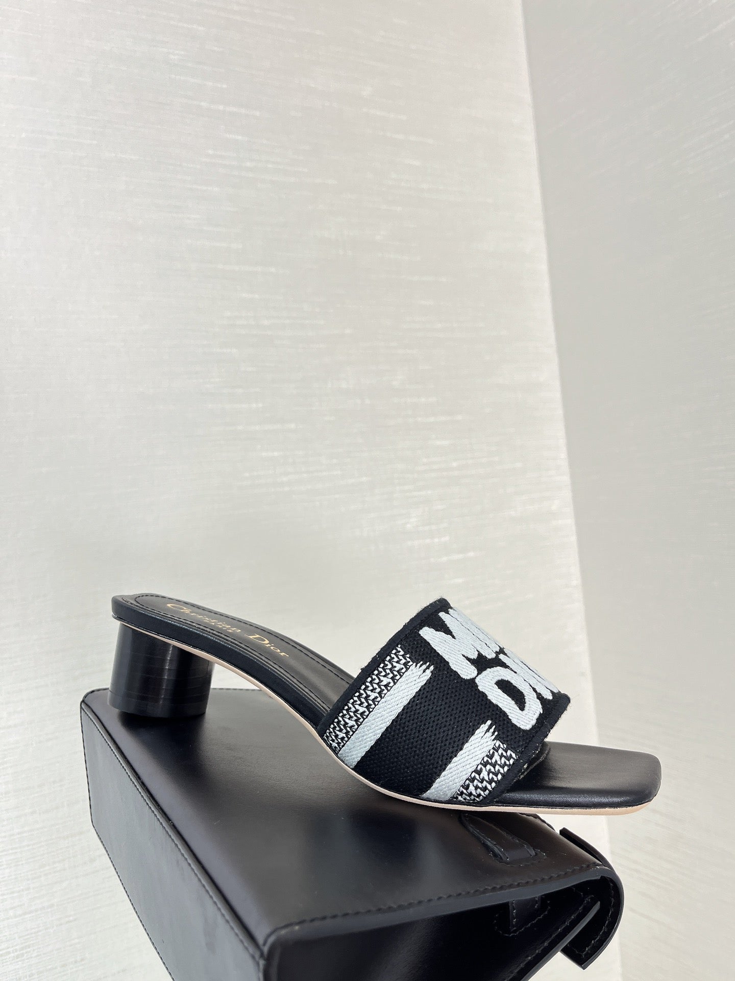 dway heeled slide 35 black embroidered cotton