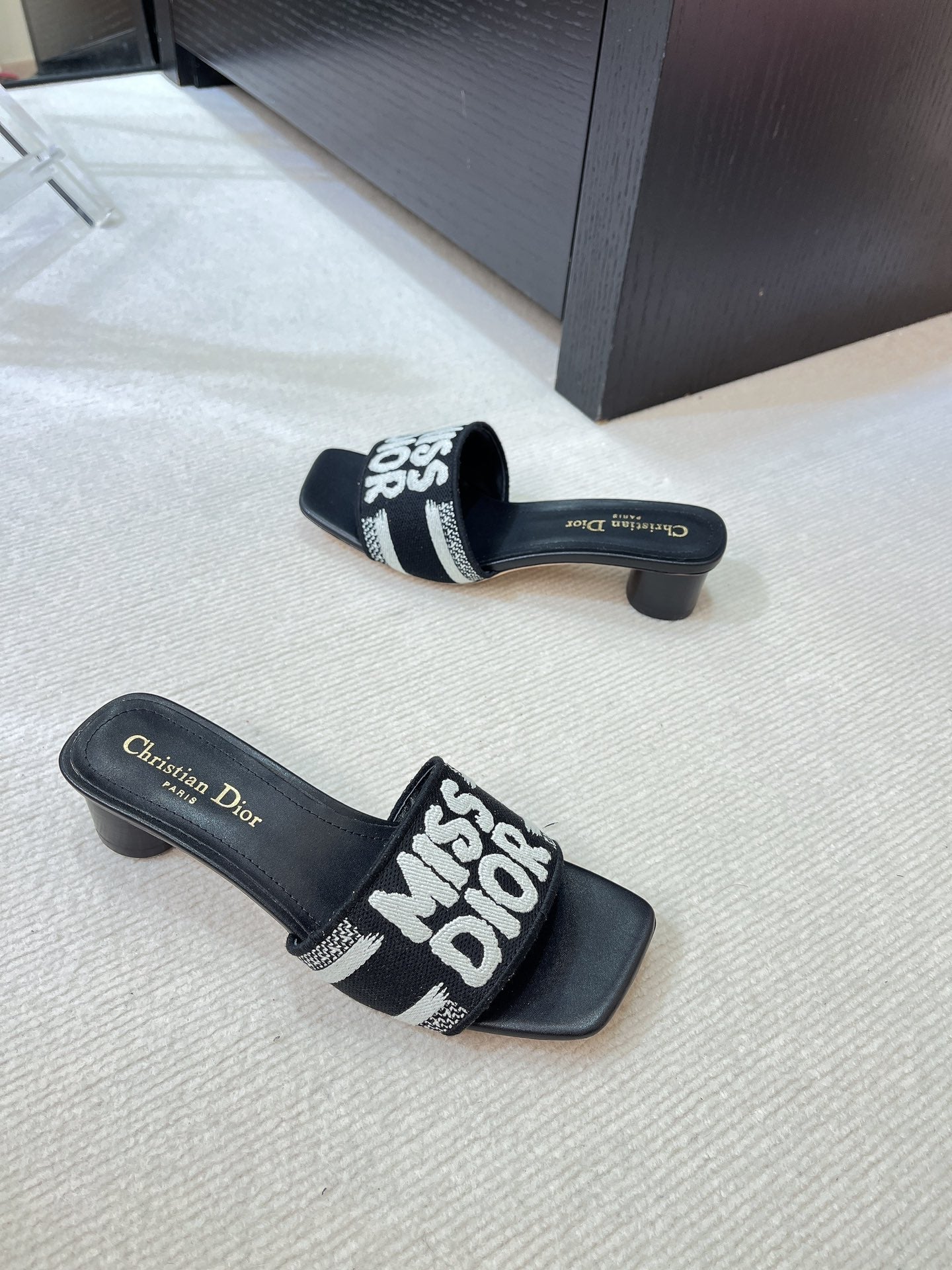 dway heeled slide 35 black embroidered cotton