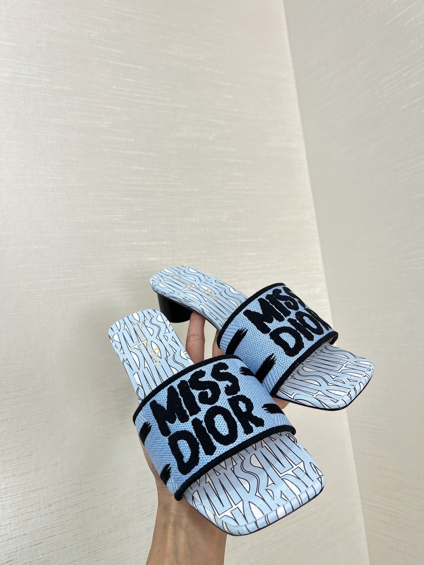 dway heeled slide 35 embroidered cotton cloud blue miss cd alllover motif