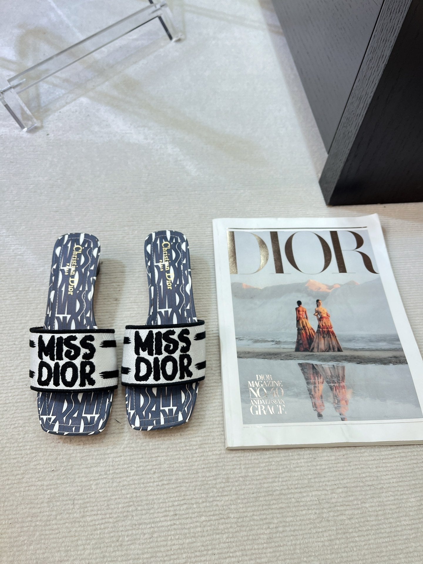 dway heeled slide 35 embroidered cotton grey miss cd alllover motif
