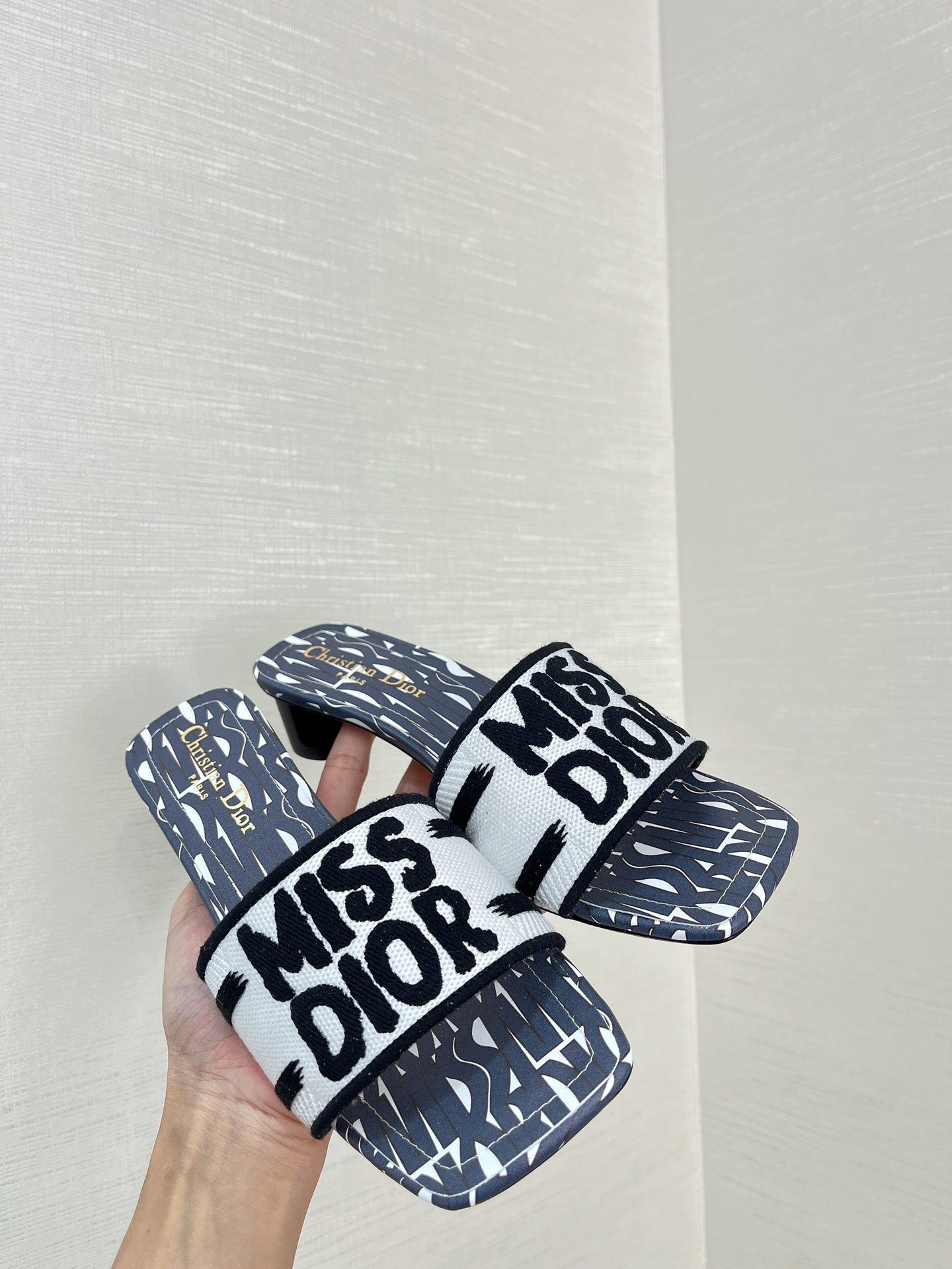 dway heeled slide 35 embroidered cotton grey miss cd alllover motif
