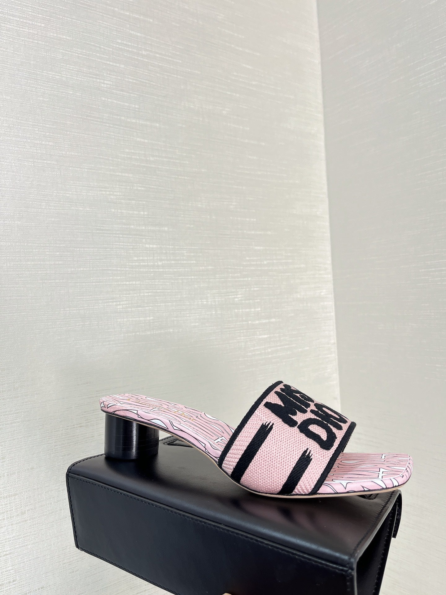 dway heeled slide 35 embroidered cotton pink miss cd alllover motif