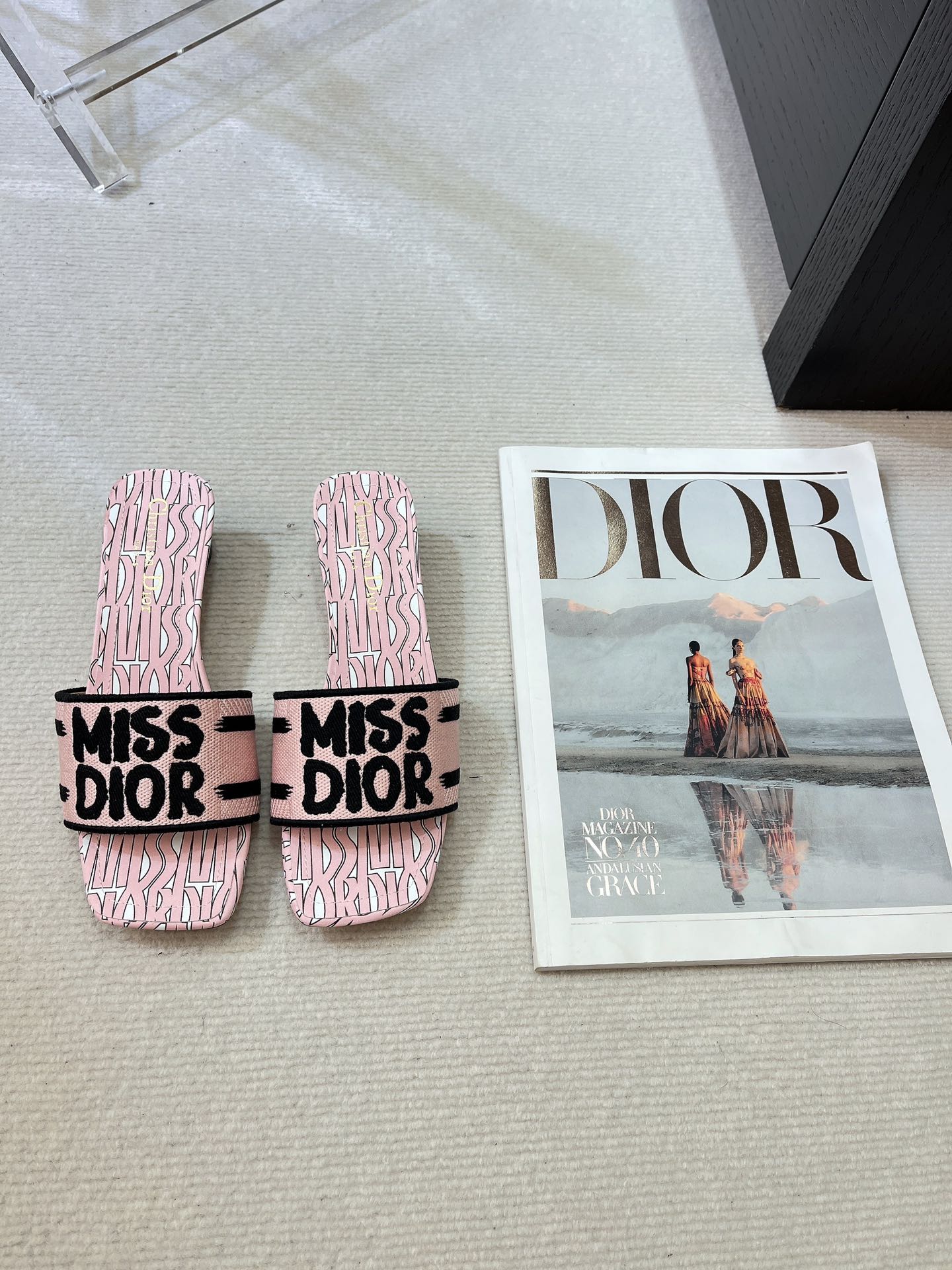 dway heeled slide 35 embroidered cotton pink miss cd alllover motif