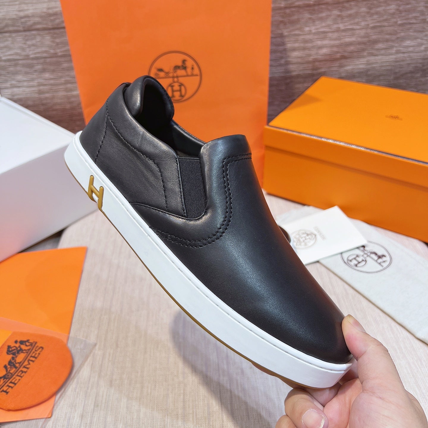 HM Men's 25 Lucky Slip-on Black Calfskin 713107