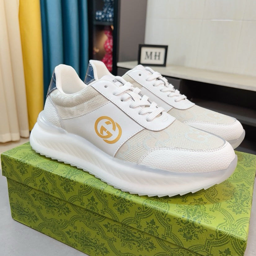 GG Men's Sneaker Beige White Canvas Calfskin 523339