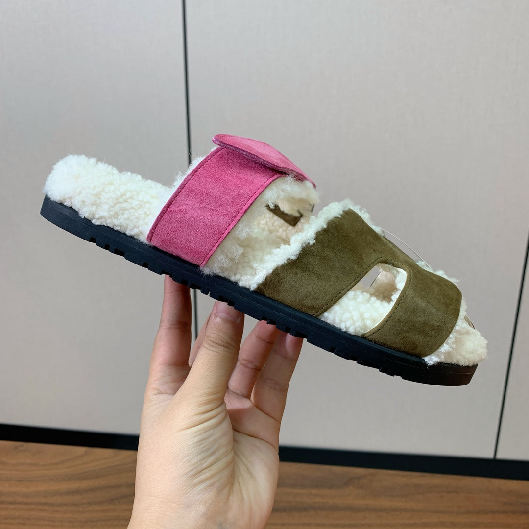 HM Chypre Sandal In Army Green Mix Pink Fleece And Suede 984192