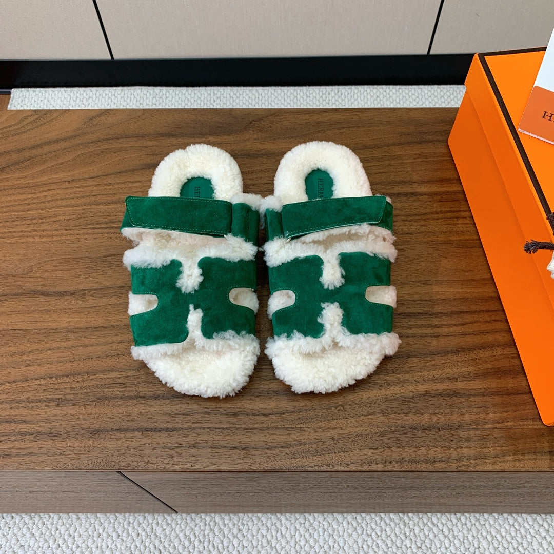 HM Chypre Sandal In Dark Green Mix White Fleece And Suede 984195