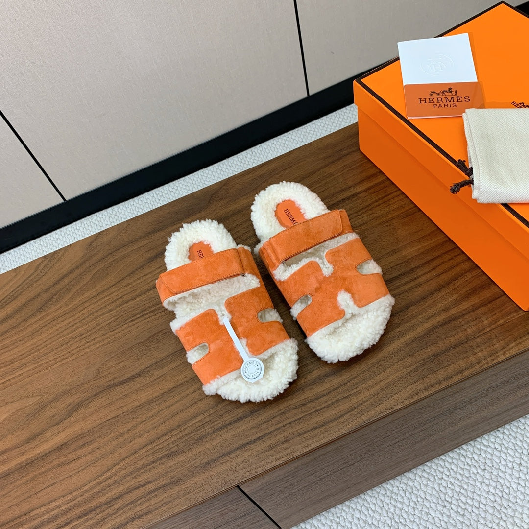 HM Chypre Sandal In Orange Mix White Fleece And Suede 984196