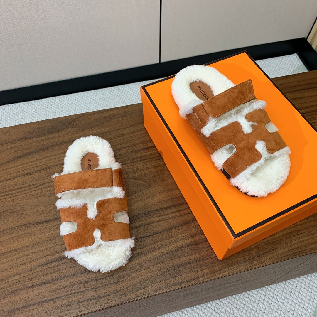 HM Chypre Sandal In Brown Orange Mix White Fleece And Suede  984198
