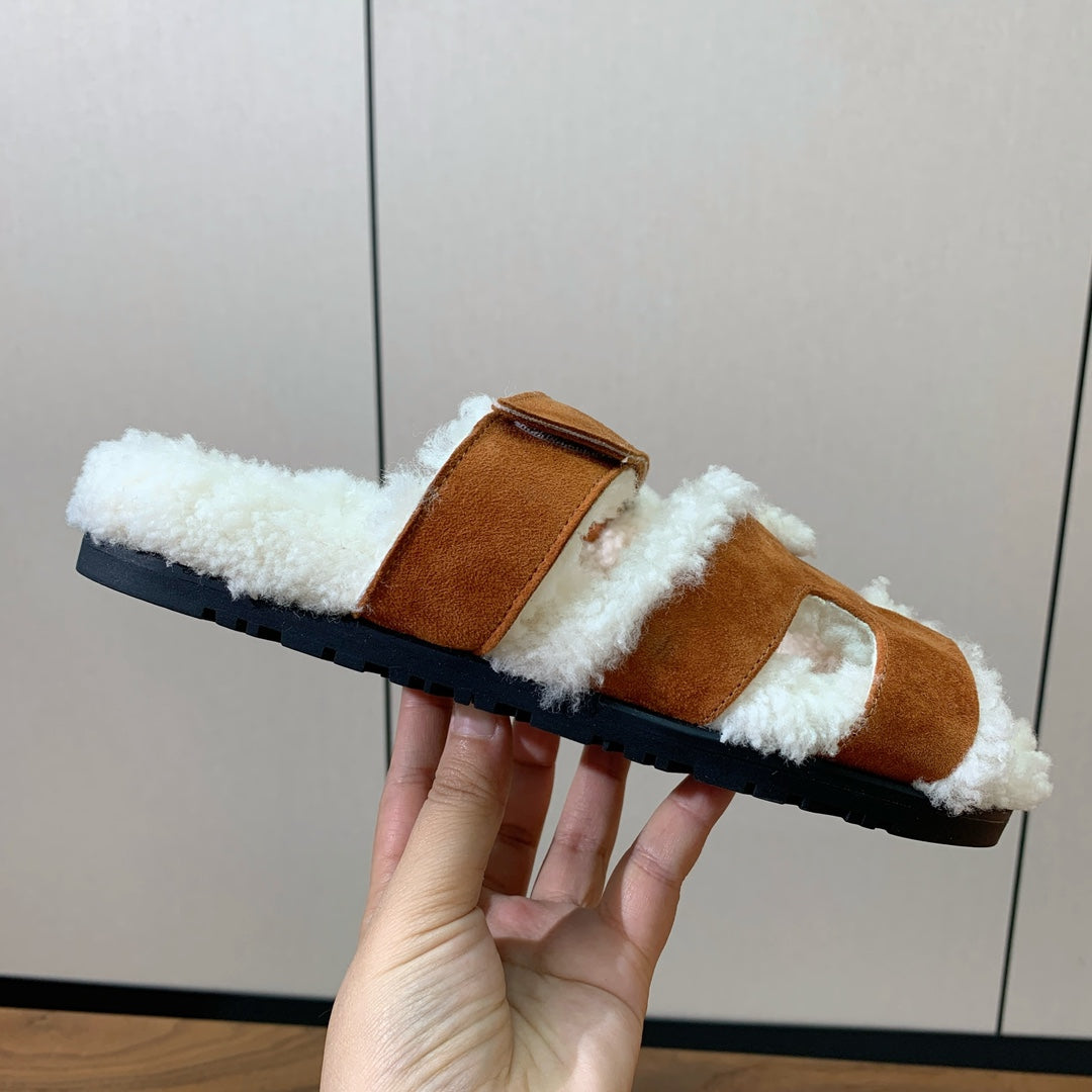 HM Chypre Sandal In Brown Orange Mix White Fleece And Suede  984198