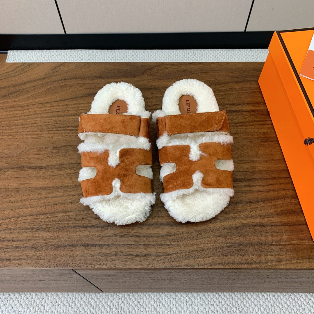 HM Chypre Sandal In Brown Orange Mix White Fleece And Suede  984198