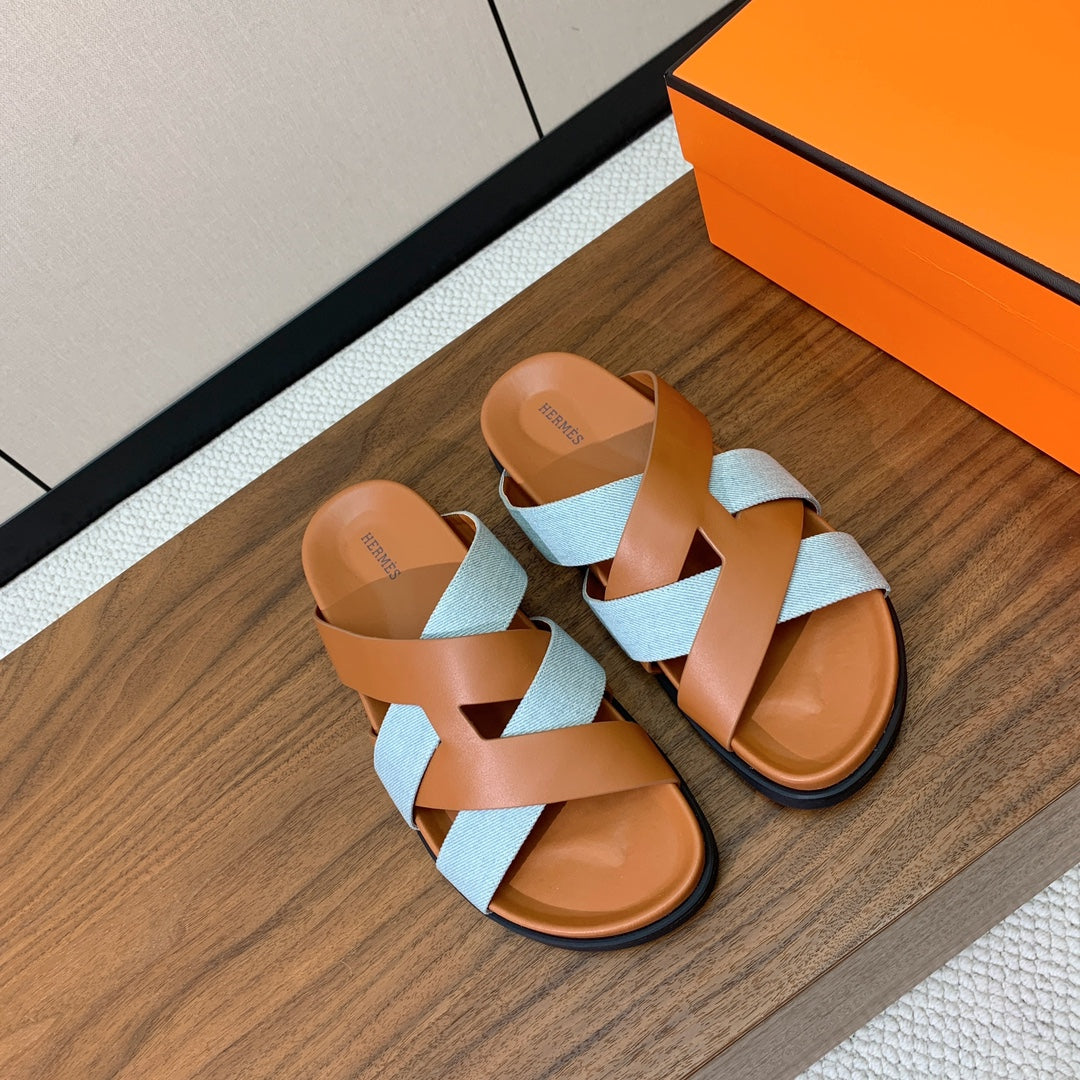 HM Kazimir Sandal Light Blue Brown Canvas Calfskin 294000