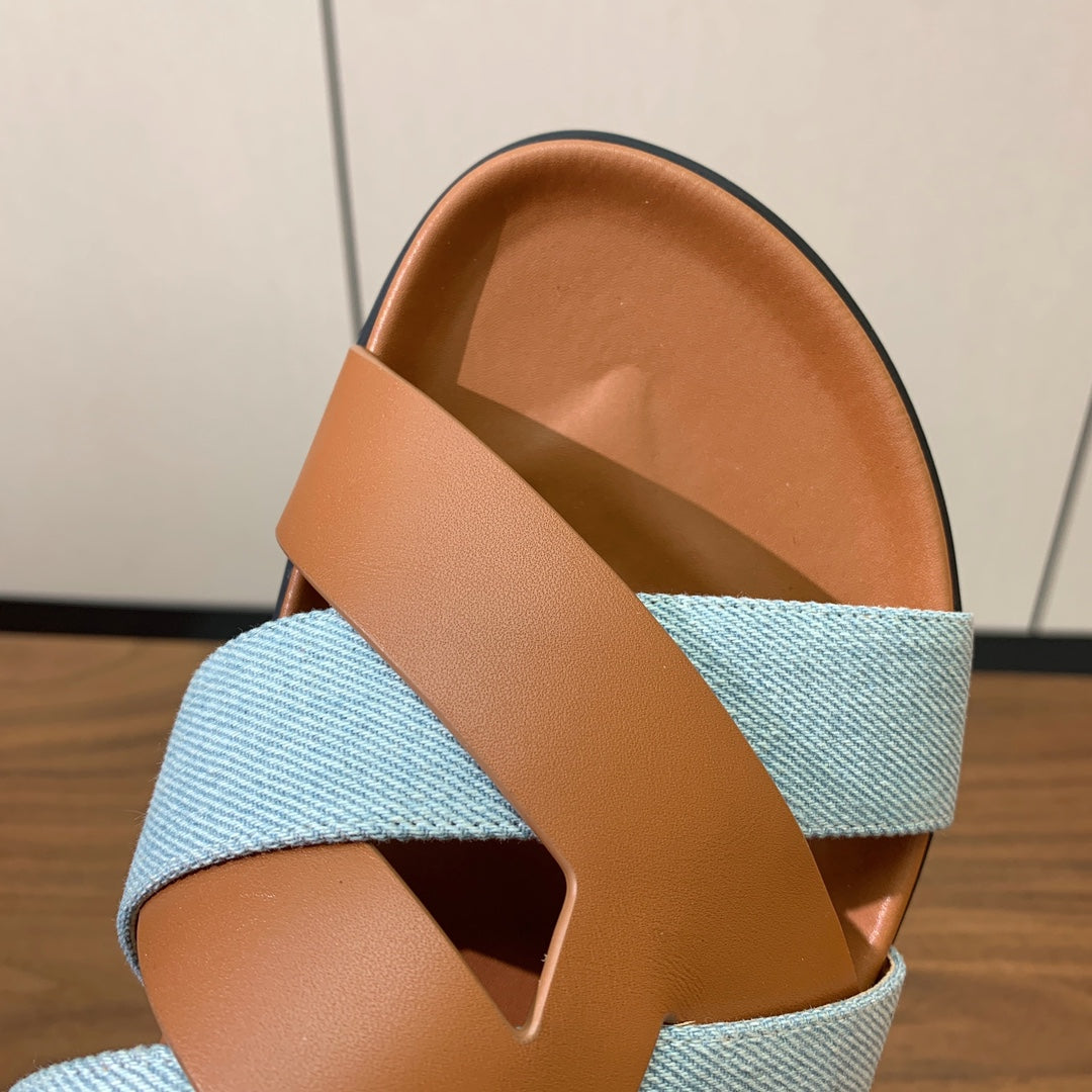 HM Kazimir Sandal Light Blue Brown Canvas Calfskin 294000