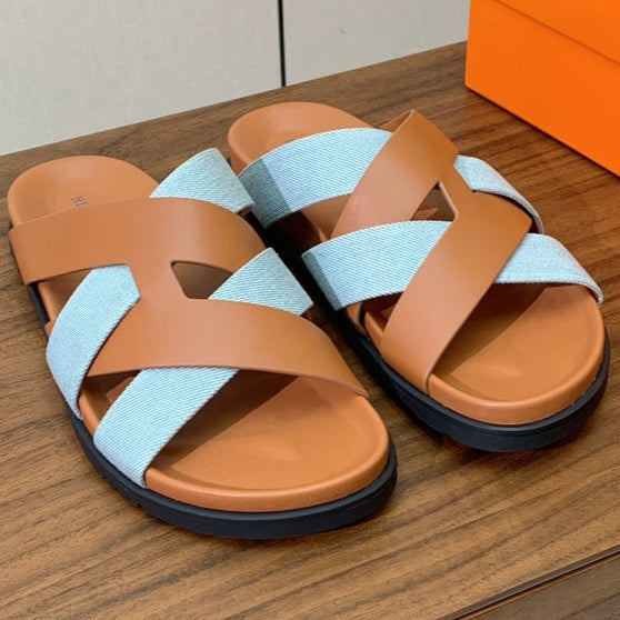 HM Kazimir Sandal Light Blue Brown Canvas Calfskin 294000