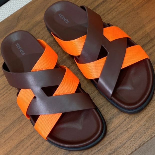 HM Kazimir Sandal Dark Brown Orange Frabic Calfskin 294009