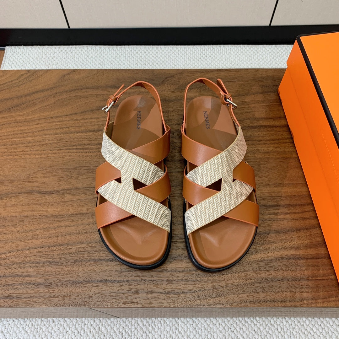 HM Heracles Sandals Brown Beige Frabic Calfskin 294068