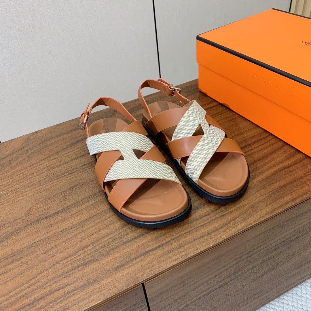 HM Heracles Sandals Brown Beige Frabic Calfskin 294068