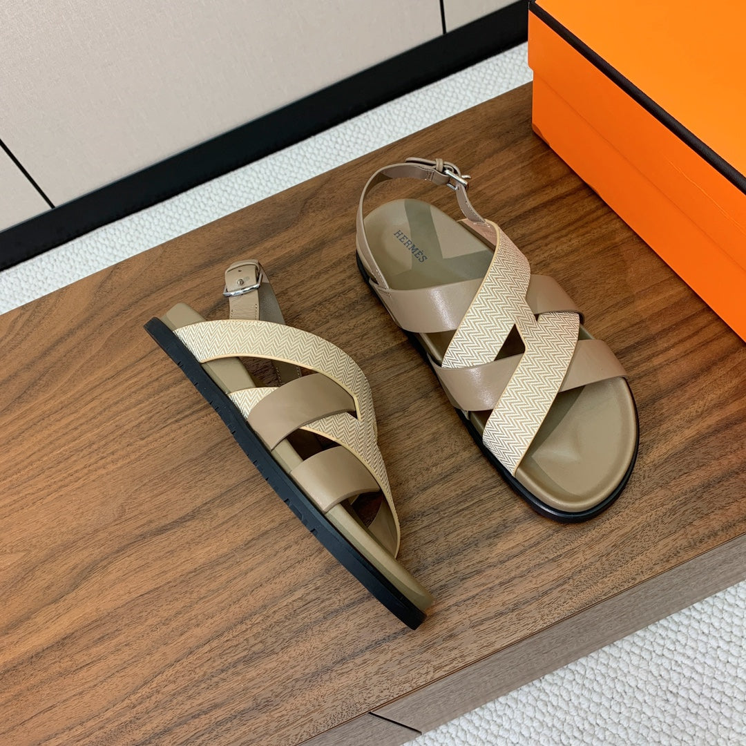 HM Heracles Sandals Etoupe Beige Frabic Calfskin 294069